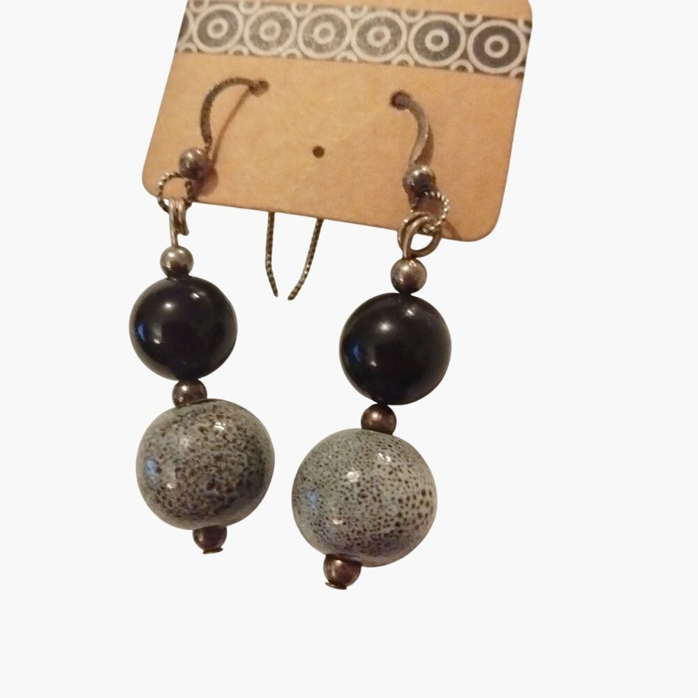 Earrings Black Gray Beads Handcrafted Dangle
